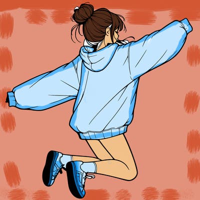 realistic girl jumping with a bun and oversized sweatshirt