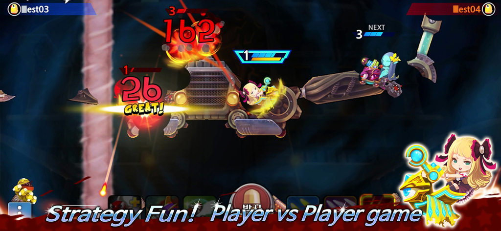 GunboundM - ガンバウンドMの戦略的プレイヤー対プレイヤーバトル。タンクとアニメのアバターをフィーチャー