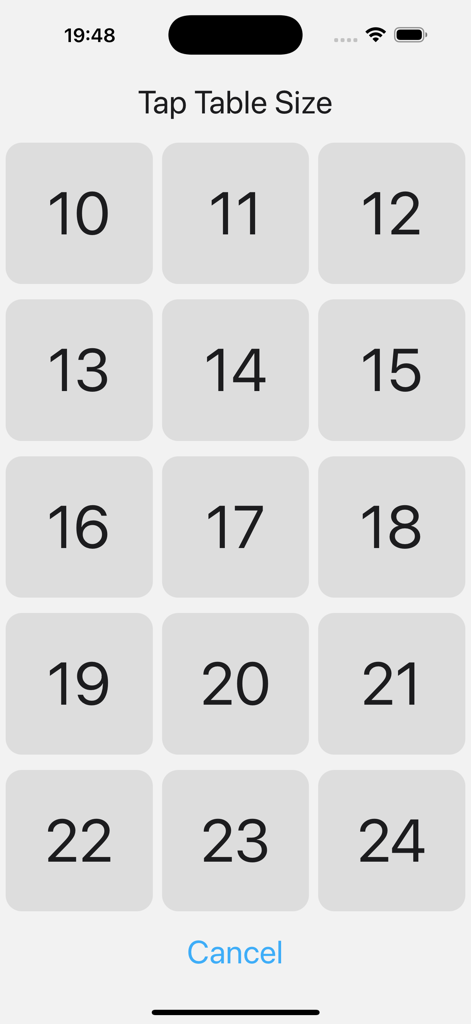 Screen for selecting table size between 10 and 24 players in the Fast First app