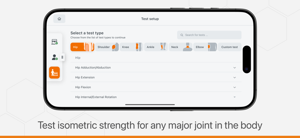 ForceFrame app screen showing test setup for isometric strength testing of major body joints