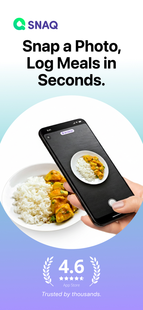 SNAQ - Diabetes Food Tracker - SNAQ app displaying how to snap a photo and log meals for diabetes tracking
