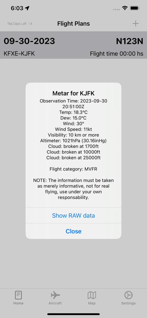 Flight Plan Maker (FPL Maker) - Um relatório detalhado de clima METAR para o aeroporto KJFK exibido no aplicativo Flight Plan Maker
