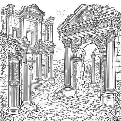 Immerse yourself in the grandeur of bygone eras with this captivating ancient city ruins adult coloring page. Featuring intricate architectural details and lush overgrown foliage, it offers a deeply engaging artistic escape.