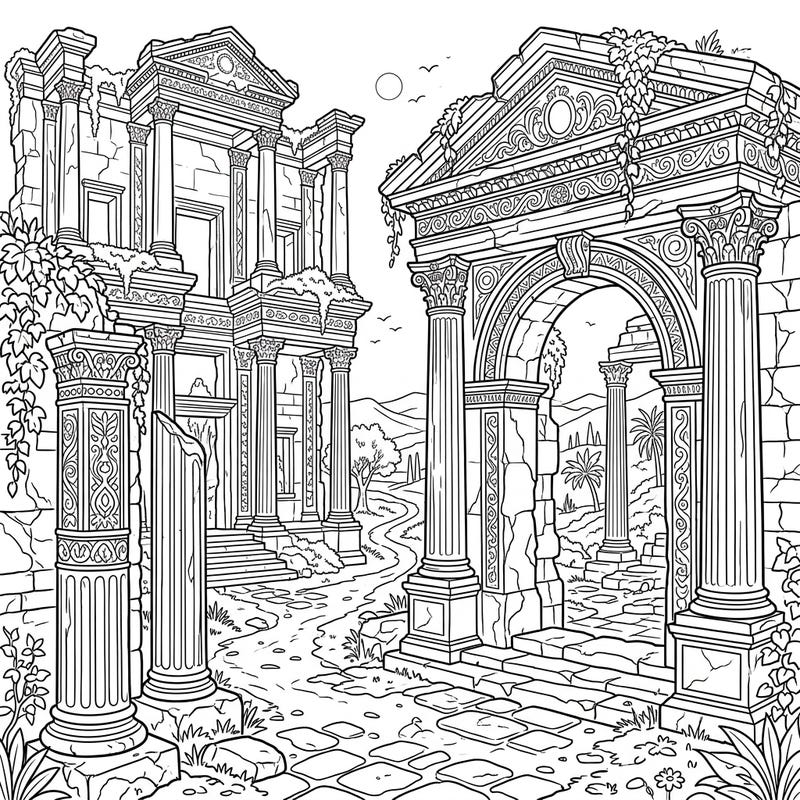 Immerse yourself in the grandeur of bygone eras with this captivating ancient city ruins adult coloring page. Featuring intricate architectural details and lush overgrown foliage, it offers a deeply engaging artistic escape.