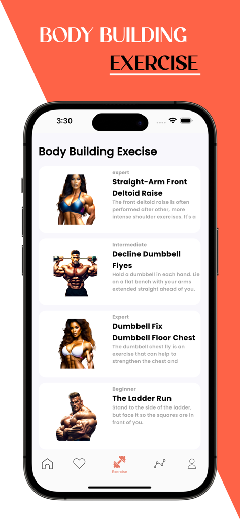 Home Workout No Equipments - Mobile interface of the FitLife app displaying a list of bodybuilding exercises with difficulty levels and illustrations.