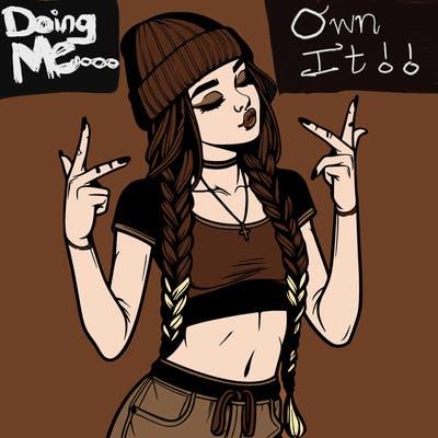 realistic teenage girl with braids and a beanie and crop top doing 🫶🏼