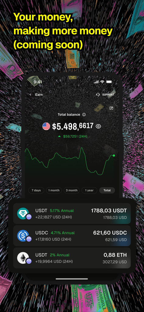 El Dorado: P2P Exchange - Mobile dashboard of El Dorado app showing investment balance and annual yields for digital assets