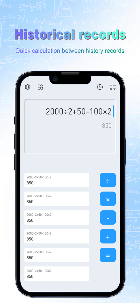 AI QuickSolver - Pantalla de la aplicación AI QuickSolver que muestra una lista de cálculos matemáticos pasados en la vista de registros históricos