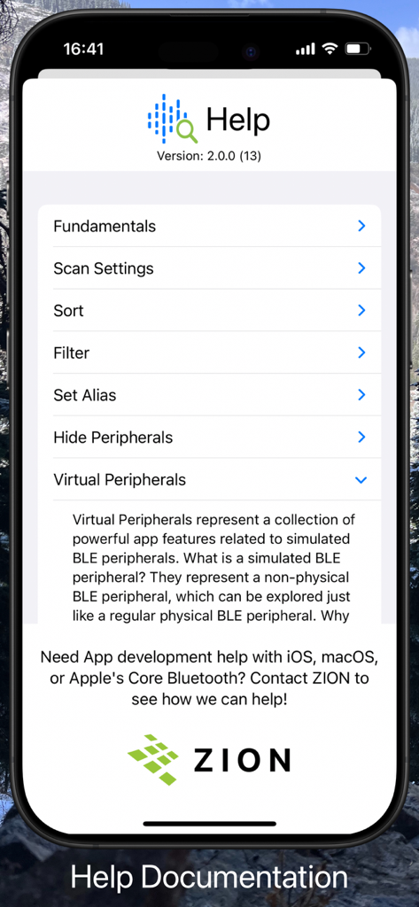 BluKit Workbench - Help documentation screen of BluKit Workbench app highlighting the virtual peripherals explanation section