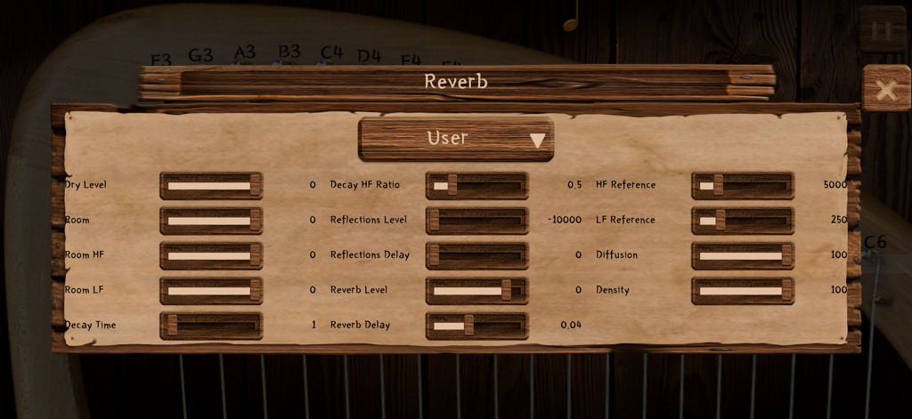 Lyre Harp Real - Advanced reverb audio adjustment menu with sliders on a rustic parchment background in the Lyre Harp Real app.