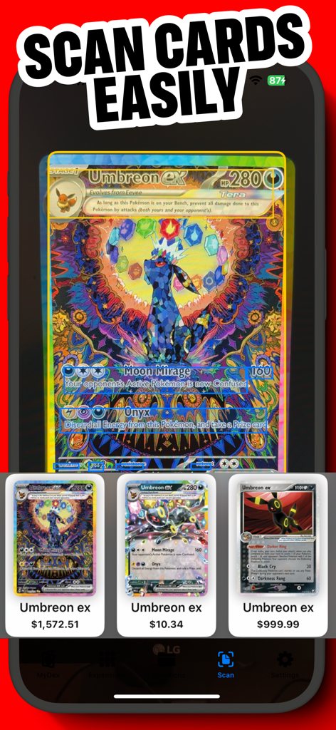 Interface de smartphone digitalizando uma carta Pokémon Umbreon para exibir preços de mercado em tempo real.