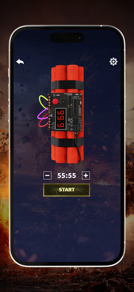 Mobile app interface showing a virtual time bomb with a countdown timer
