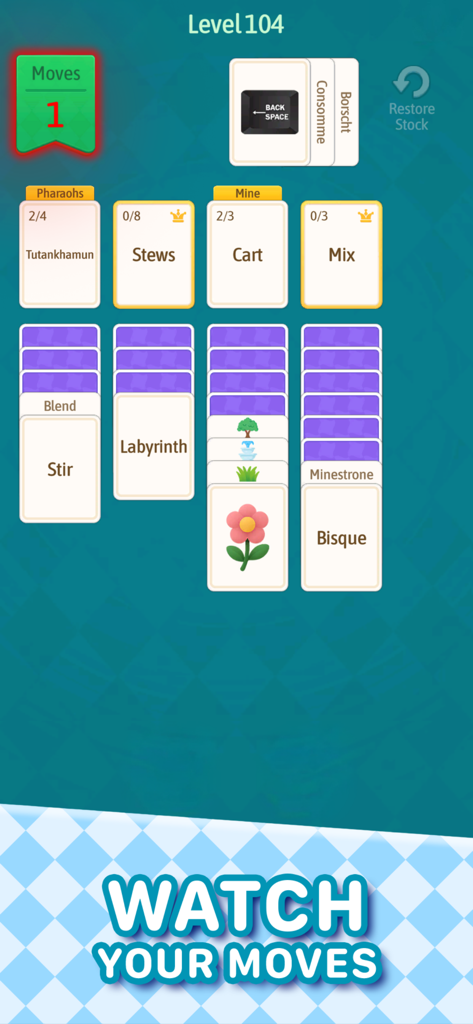 Solitaire Word Quest gameplay screen showing word category columns and a move counter