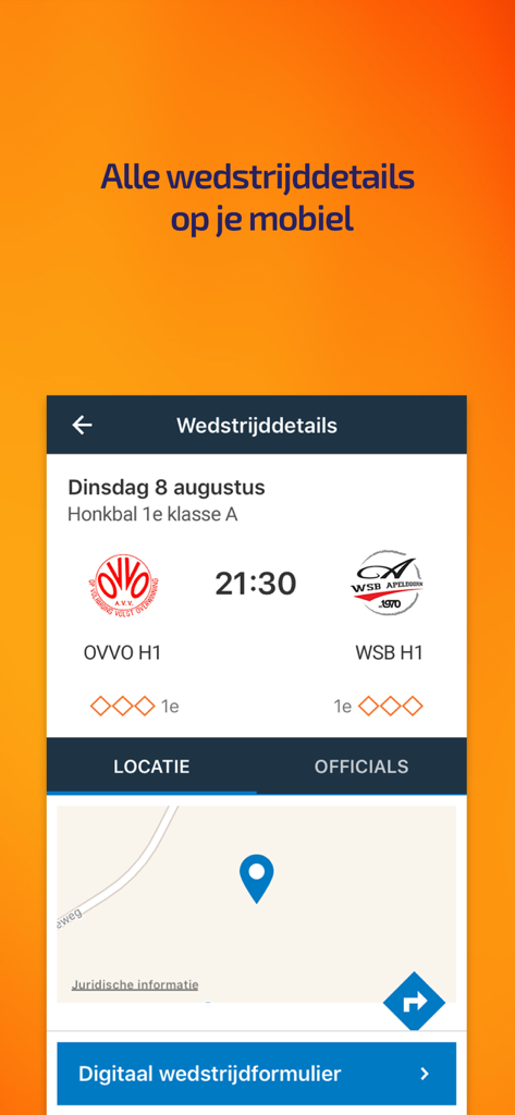 Interfaz de la aplicación KNKV Wedstrijdzaken mostrando detalles del partido con logotipos de equipos y un mapa de la ubicación del juego.