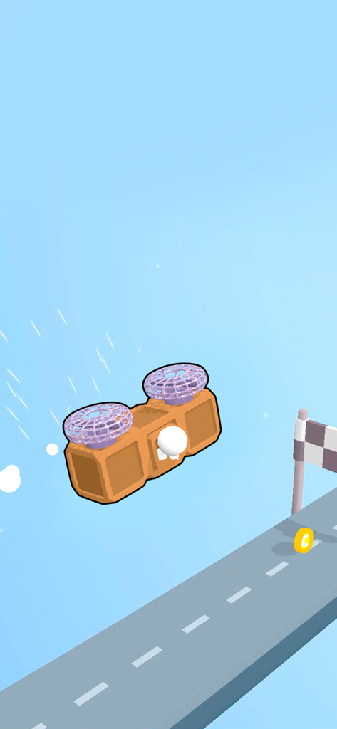 Ride Master: Car Builder Game - Un vehículo personalizado con ventiladores morados volando sobre una carretera hacia una línea de meta en el juego Ride Master.