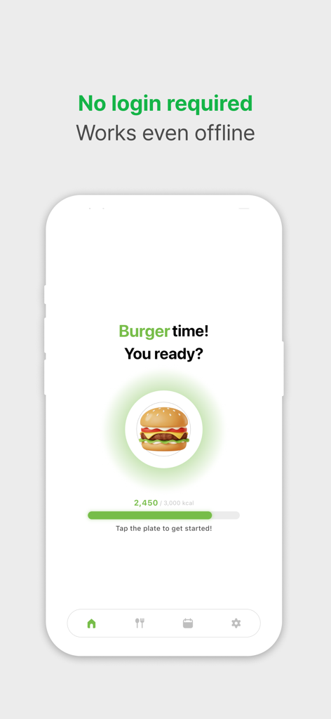 Eat Slowly - Interfaz de la aplicación Come Despacio que muestra un temporizador de comida de hamburguesa y el mensaje de no requiere inicio de sesión
