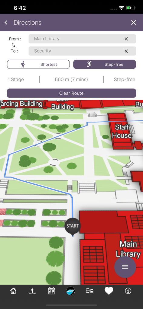 UoB Campus Map - Screenshot of the UoB Campus Map app showing step-free walking directions from the Main Library to Security