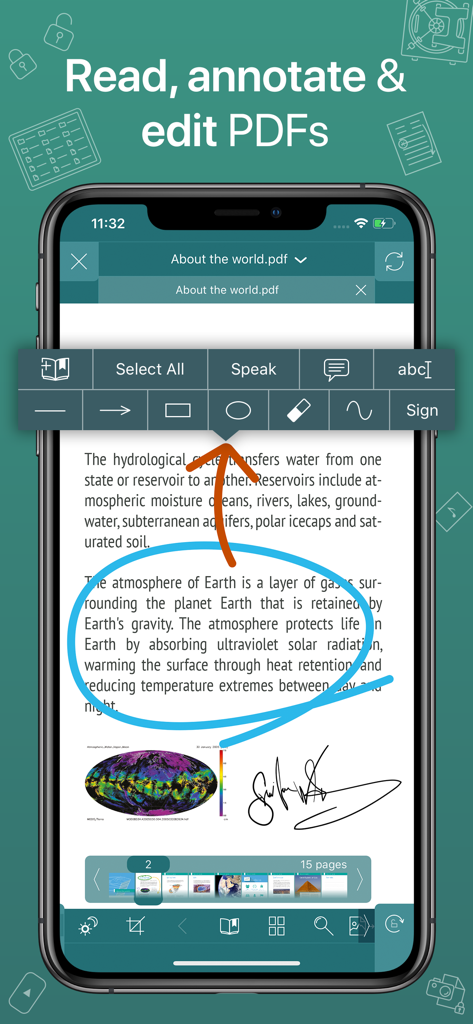 iPhone screenshot showing GoodReader PDF editor with annotation and signing tools