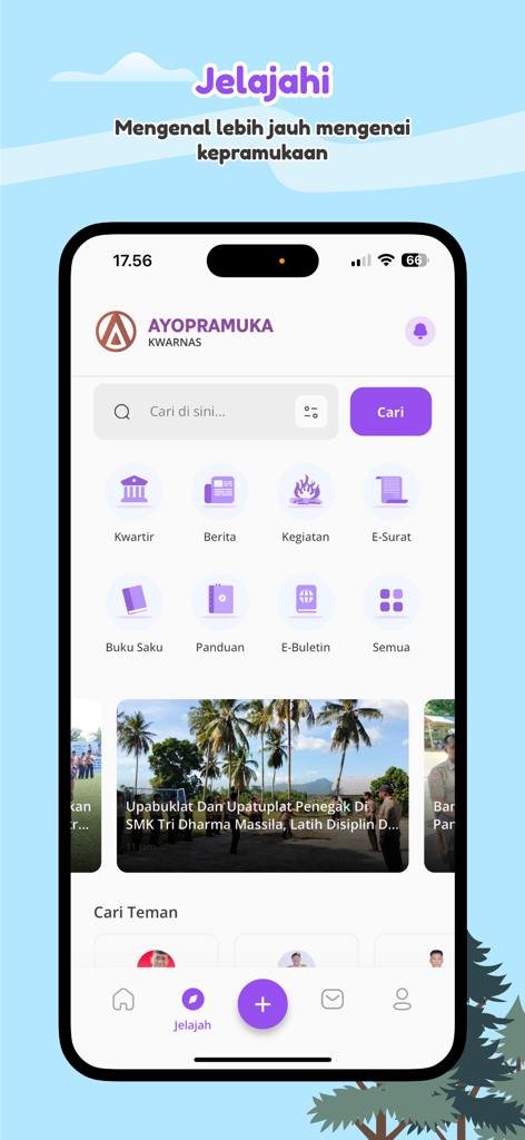 Screenshot of the AyoPramuka Kwarnas mobile app explore page showing menu icons for scouting activities and news updates