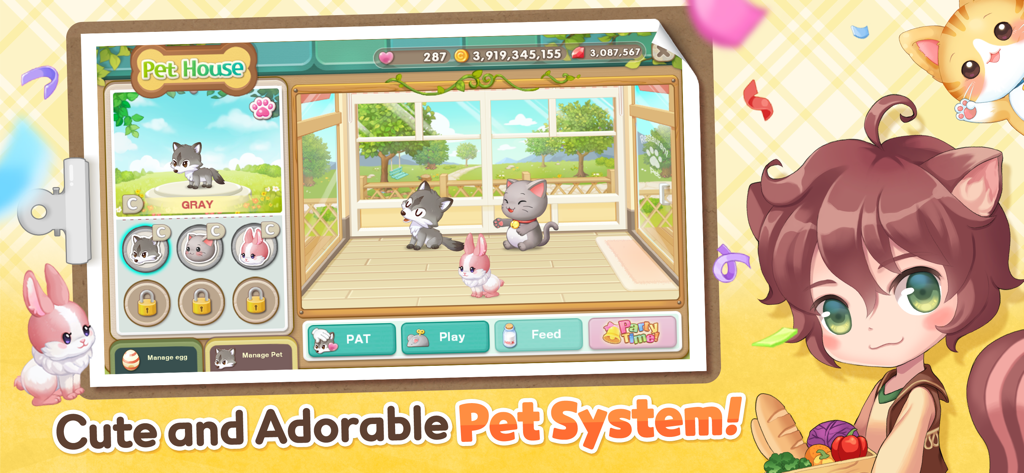 My Secret Bistro - Captura de tela do sistema de animais de estimação fofos e adoráveis no My Secret Bistro, apresentando a casa dos pets com um gato lobo e um coelho