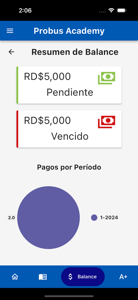 Financial balance summary screen showing pending and overdue student payments in the UFHEC Probus Academy app.