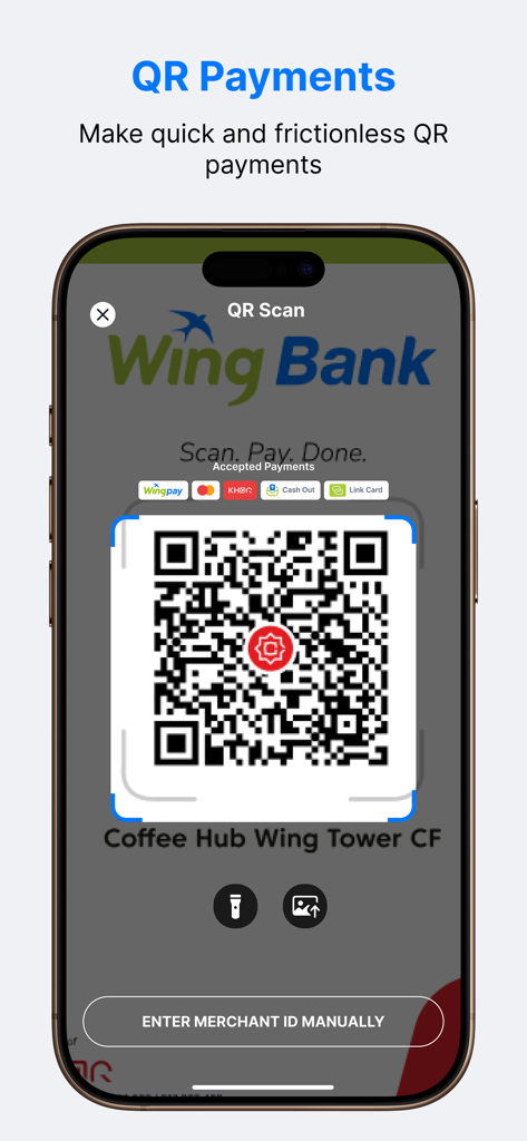 Wing Bank app QR code scanner interface for quick merchant payments