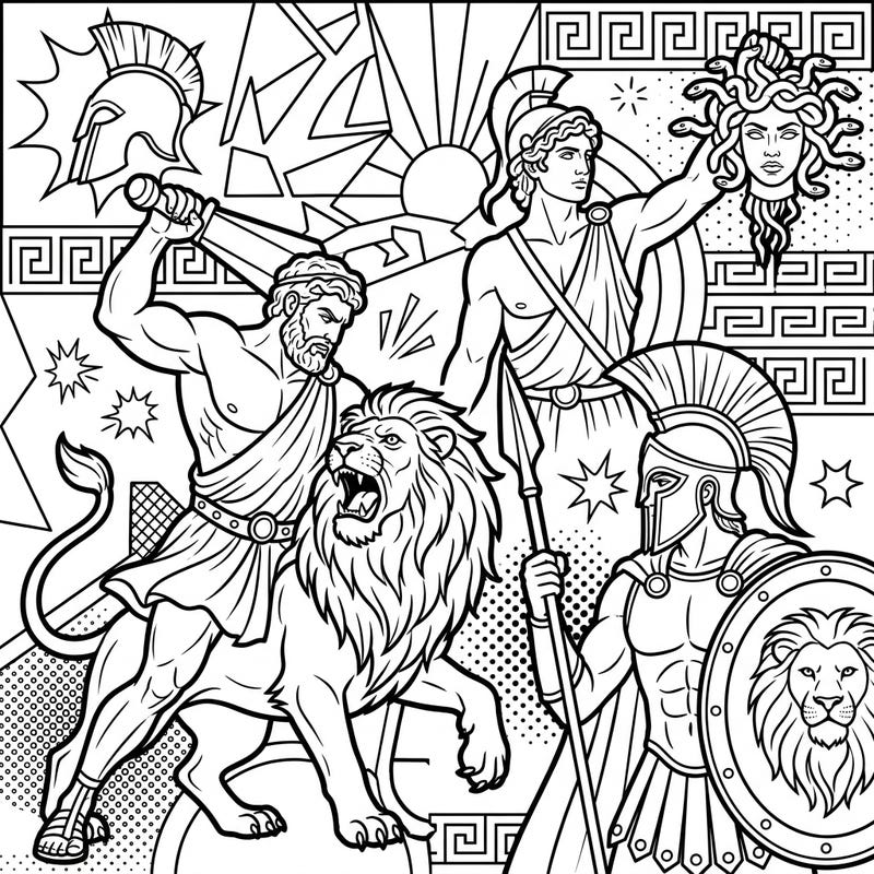 Dive into an epic adventure with this stunning Pop Art coloring page featuring legendary Greek Heroes. Experience the power and myth of ancient Greece brought to life with bold outlines and dynamic designs.
