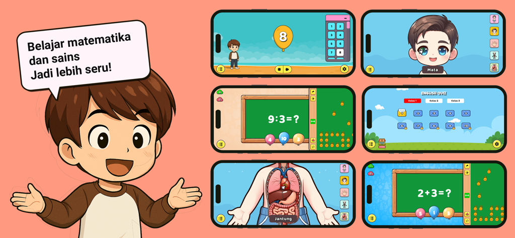 Pintar Yuk! - PAUD, TK & SD - Aplicativo educacional Pintar Yuk exibindo lições de matemática, ciências e anatomia para crianças