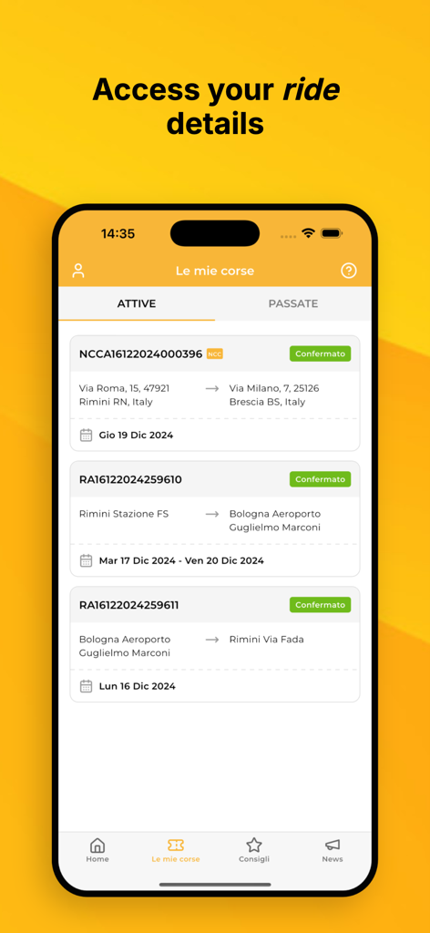 Bildschirm der Shuttle Italy Airport App, der eine Liste der aktiven und bestätigten Fahrtbuchungen anzeigt