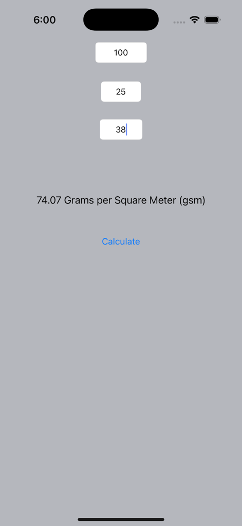 Oberfläche der MWeight to GSM App, die eine Umrechnungsberechnung von M-Gewicht in Gramm pro Quadratmeter zeigt