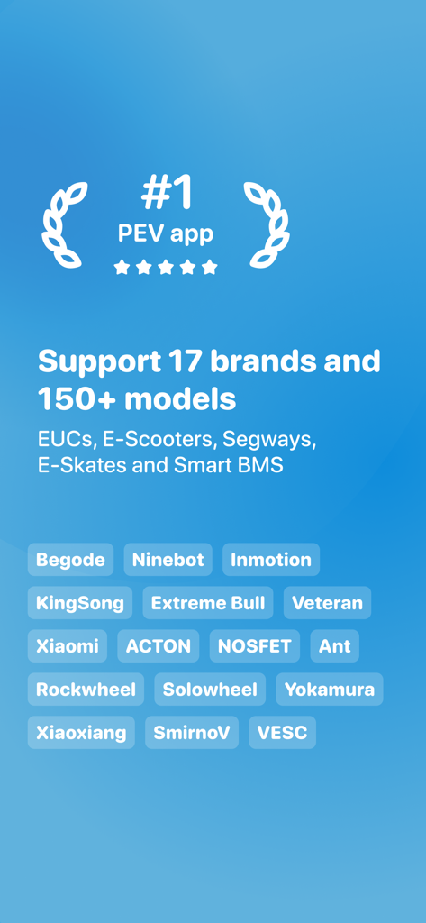 17개의 개인용 전기 이동수단 브랜드와 외발 전동휠(EUC) 및 전동 스쿠터를 포함한 150개 이상의 모델 지원을 보여주는 DarknessBot 디스플레이.