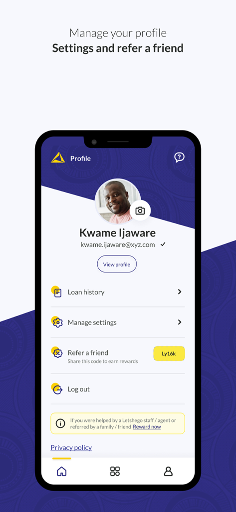 LetsGo Powered by Letshego - User profile screen in the LetsGo app featuring account settings and referral rewards