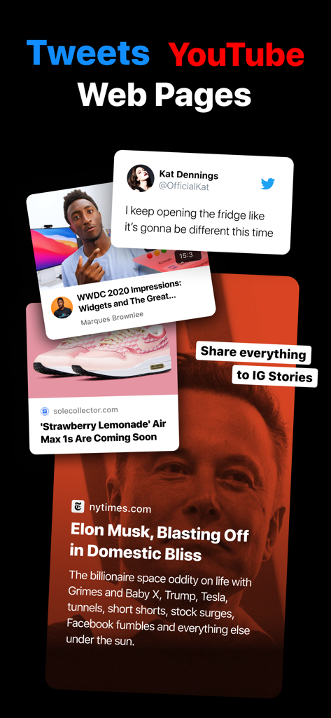 A preview of the to Stories app showing how to share tweets, YouTube videos, and web articles directly to Instagram Stories with professional layouts.