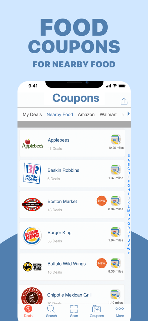 COUPON – Promo Codes, Deals - Interfaz de la aplicación móvil mostrando cupones de comida para restaurantes cercanos, incluyendo Applebees y Burger King