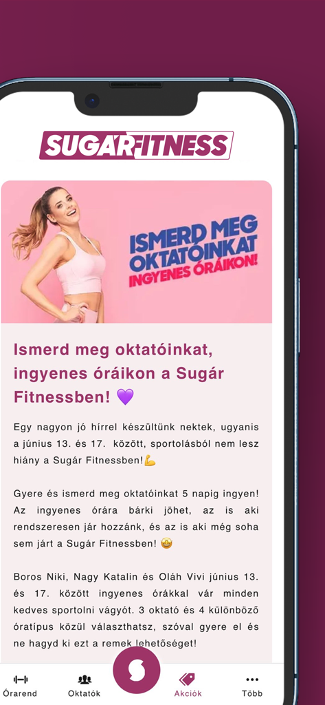 Sugár Fitness - Sugar Fitness app displaying a promotional event for free gym classes and instructor profiles.