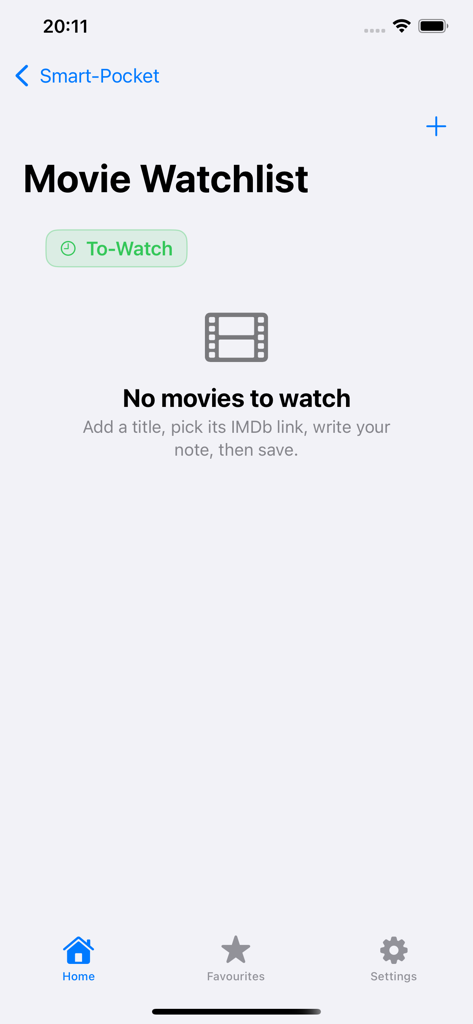 Smart-Pocket - La función de lista de seguimiento de películas dentro de la aplicación de utilidad Smart-Pocket que muestra una lista vacía y un botón de agregar.