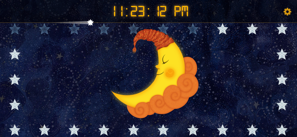 Der Nachtbildschirm der Sonne zu Mond Schlafuhr App mit einem schlafenden Mond-Charakter und einer digitalen Zeitanzeige, umgeben von Sternen
