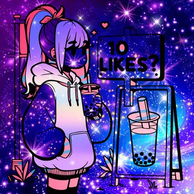 girl with oversized hoodie drinking boba and she has a high ponytail with a sign that says 10likes?