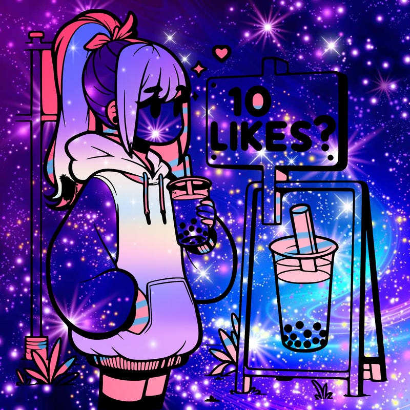 girl with oversized hoodie drinking boba and she has a high ponytail with a sign that says 10likes?