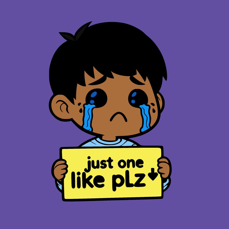 realistic crying boy with a sign saying just one like plz