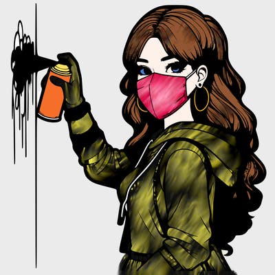 realistic girl with mask spray painting a wall