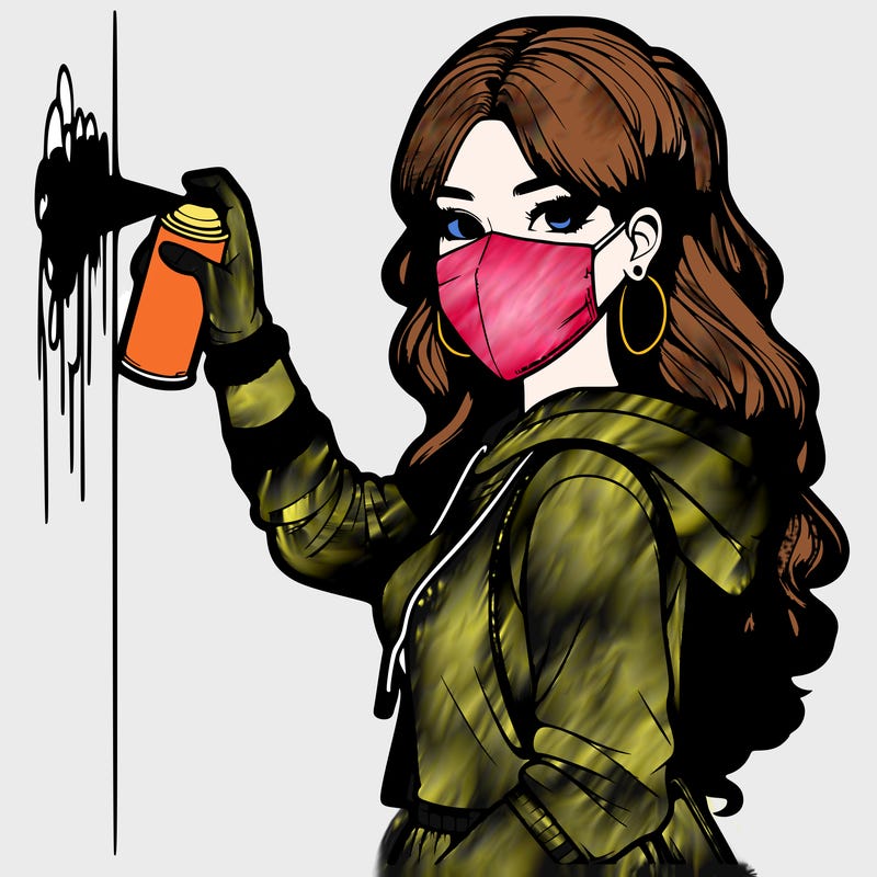 realistic girl with mask spray painting a wall
