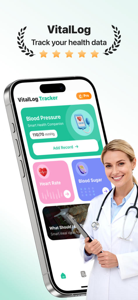 VitalLog Tracker - Smartphone displaying the VitalLog Tracker app interface for blood pressure and heart rate monitoring with a female doctor.