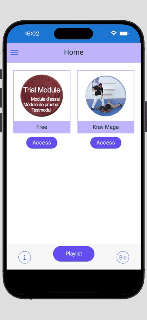 Pantalla de inicio de la aplicación Krav Maga All con prueba gratuita y acceso a módulos de entrenamiento