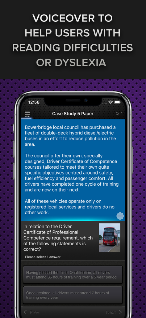 Driver CPC Case Studies Test - Mobile app screen showing a driver CPC case study about bus fleets with a banner highlighting voiceover support for dyslexia