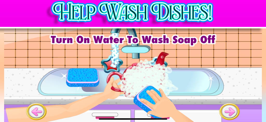 Captura de pantalla del juego Princess Play House que muestra a un personaje lavando una tetera enjabonada en el fregadero de la cocina