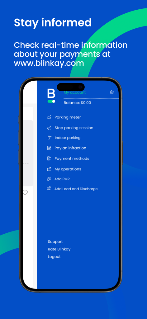 Blinkay: smart parking app - Menu lateral do aplicativo Blinkay em um smartphone exibindo opções de gerenciamento de estacionamento, como parquímetro e métodos de pagamento.