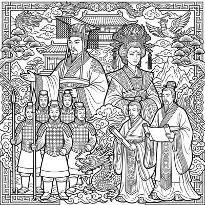 Delve into the grandeur of ancient Chinese dynasties with this exquisite coloring template, featuring an emperor, empress, soldiers, and scholars. Discover intricate details of historical attire and traditional backdrops, perfect for an immersive creative escape.