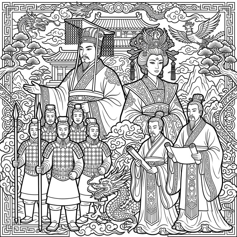Delve into the grandeur of ancient Chinese dynasties with this exquisite coloring template, featuring an emperor, empress, soldiers, and scholars. Discover intricate details of historical attire and traditional backdrops, perfect for an immersive creative escape.