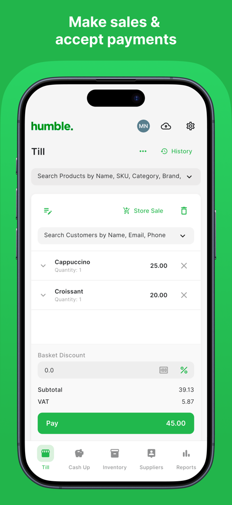 Humble POS - Interfaz de caja registradora móvil de Humble POS mostrando una transacción de ventas con artículos y un botón de pago